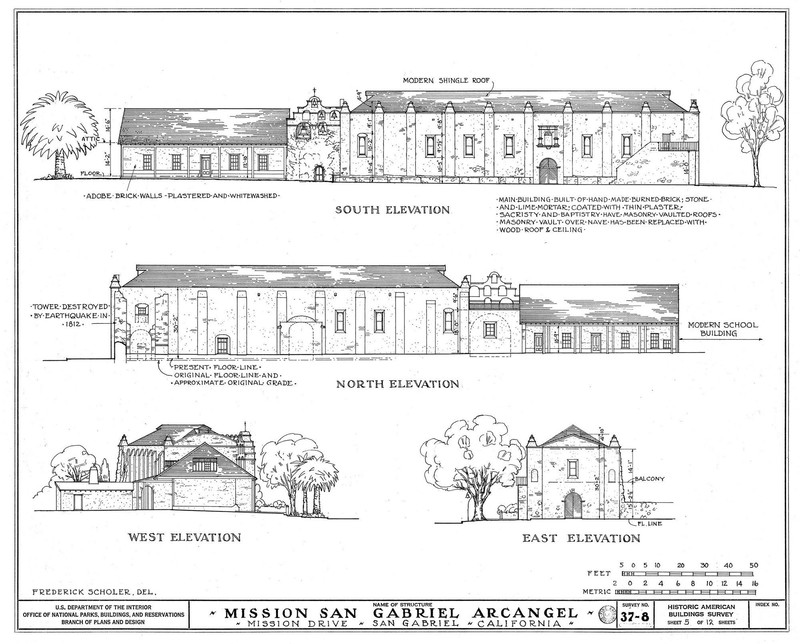 Elevation drawings of the mission by the U.S. Department of the Interior, noting in several places which portions of the structure are original and which have been rebuilt.