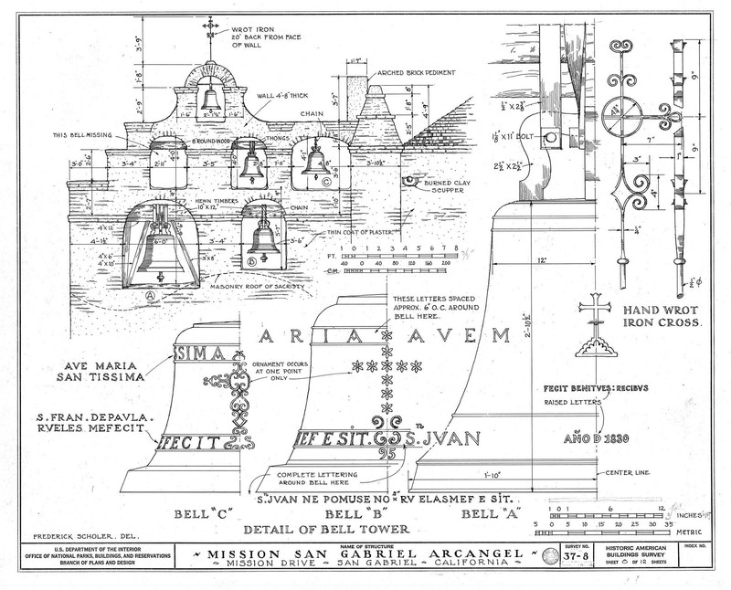 Architectural drawing of the belltower (campanario) by the U.S. Department of the Interior. Campanarios were featured in every mission, just as in most Catholic churches of the era.