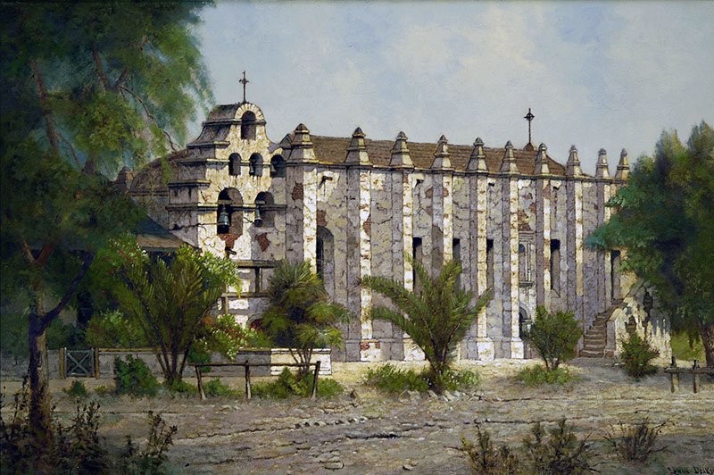 A modern painting of the mission from the 1800s. Arcangel's architecture was unique among missions, having heavy Moorish influences from its designer Father Antonio Cruzado, who was from Cordoba, Spain. Santa Barbara Mission Archive.