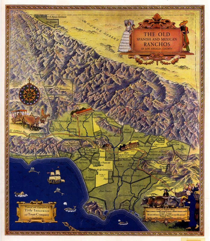 A map of the Spanish missions and ranchos in the Los Angeles. Note the many modern place names that correspond to the original Spanish and Mexican land grants.