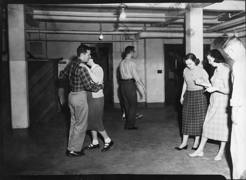 Students in the Dancing Club practicing in Holloway Hall, 1956