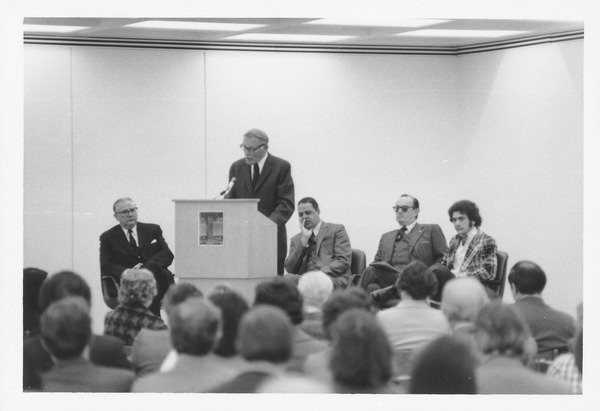 Dedication of Tower Library, 1974. (left to right, Prof.Oswald Tippo, Trustee Fred Troy speaking, Chancellor R.W.Bromery, Alums William Manchester, Student Kenneth Freed)