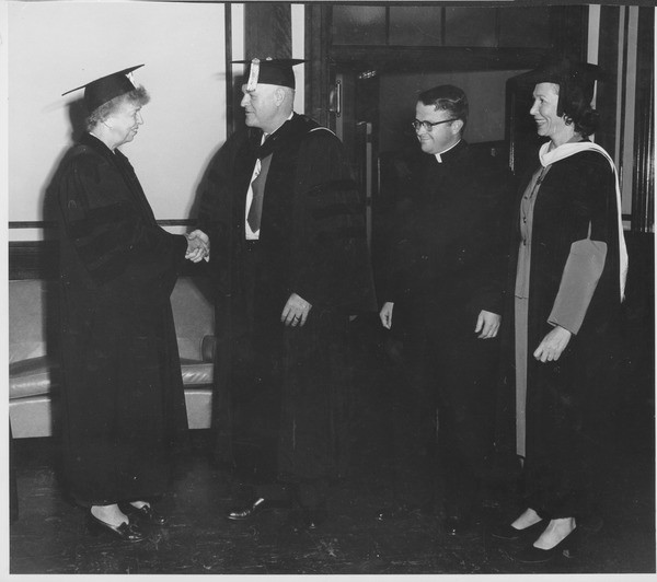 Ralph A. Van Meter with Eleanor Roosevelt during convocation, September 25, 1952
Ralph A. Van Meter (President, 1948-1954) in academic gown shaking hands with Eleanor Roosevelt while two others look on, including Helen Curtis Cole.