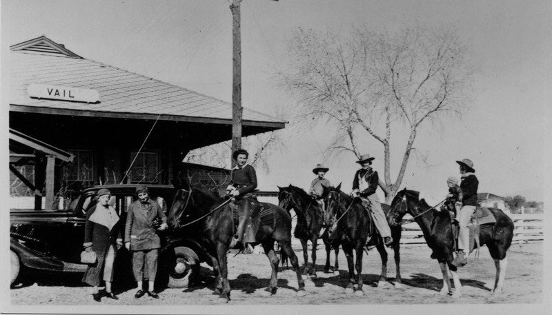 Women on horseback in front of the Vail Depot Circa 1935. 