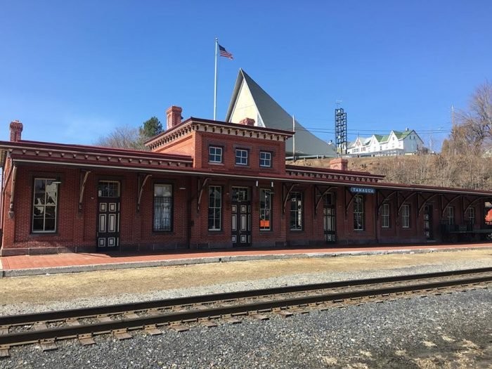 The track-side of the station with the single line that still services it.  