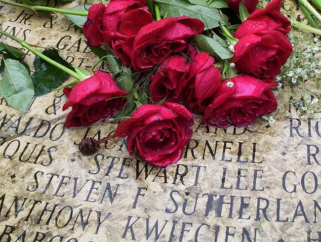 Roses placed above the names engraved in stone at the AIDS Memorial in Golden Gate Park