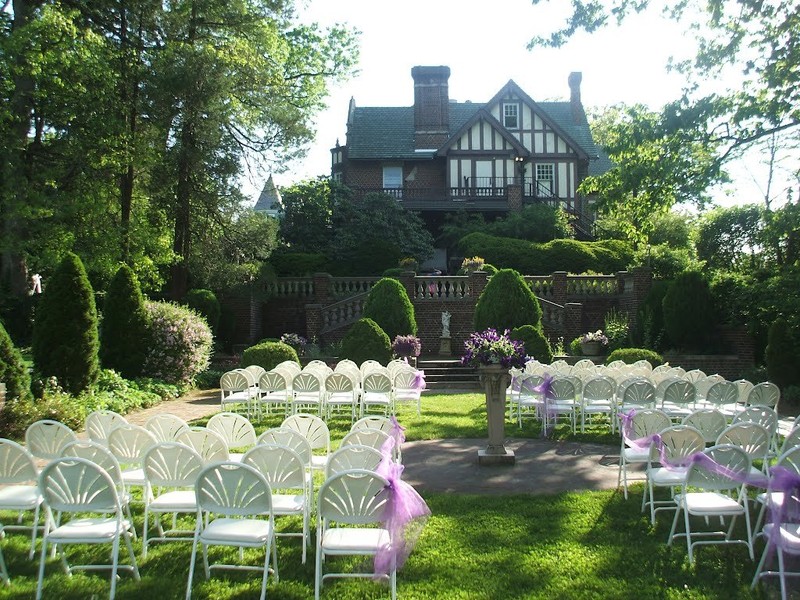 The mansion's sunken garden prepared for a wedding ceremony.  