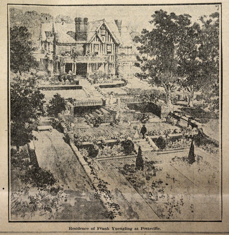 An early drawing of the mansion and gardens.  