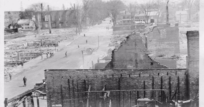 Destruction on Ellsworth's Main Street from the 1933 fire. Initially a serious blow to the town, it paved the way for Ellsworth's modernization during the reconstruction. (Ellsworth American newspaper).