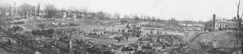 A panorama of the 1933 destruction in Ellsworth. The culprit, a dishwasher at a local restaurant, was later committed to an asylum for the criminally insane. (Ellsworth Historical Society).