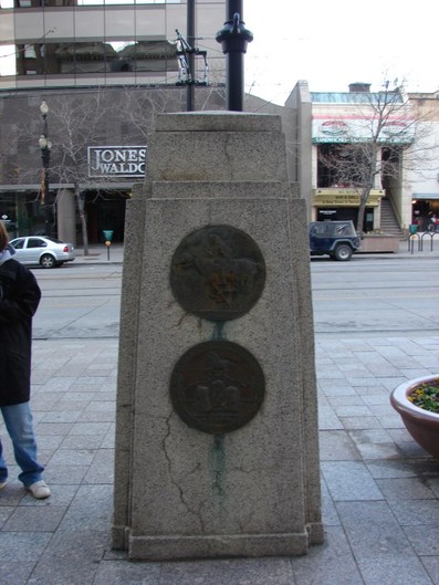 This monument marks the site of the Great Salt Lake City Station
of The Pony Express. The Pony Express reduced the travel of mail between the Atlantic and Pacific Coasts to around 10 days. 