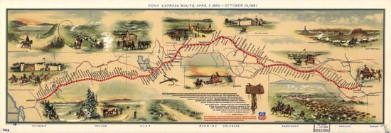 Pictographic map of the Pony Express route, featuring watercolour illustration by W.H. Jackson and text by Howard R. Driggs; issued by the Union Pacific Railroad in 1961 to commemorate the centennial of the Pony Express.