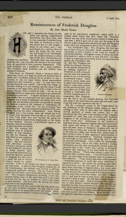 Newspaper article written in April of 1895 by Jane Marsh Parker, a friend of Frederick Douglass. The article details Douglass's move to this house in 1847.