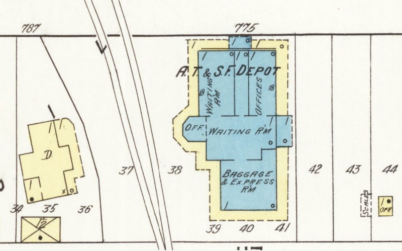 AT&SF Depot on 1913 Sanborn map (blue = stone) (Sanborn Map Company 1913:26)