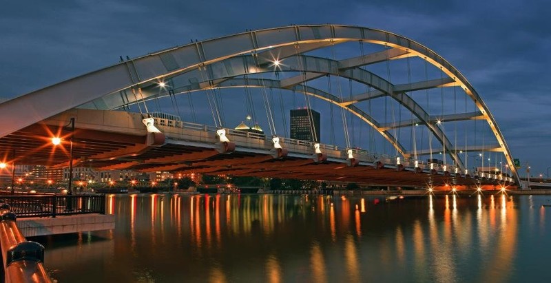 The Frederick Douglass-Susan B. Anthony Memorial Bridge lit up at night.  Picture by Carl Crumley