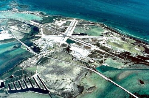 Aerial view of NAS Key West showing its three runways and the surrounding waters.