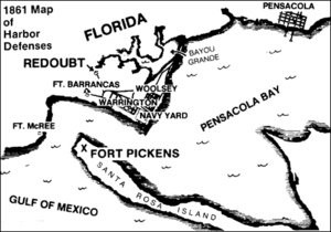 A map of Pensacola Bay, where Fort Pickens is, and where the base is in relation to the African Americans traveling to Fort Pickens from Pensacola