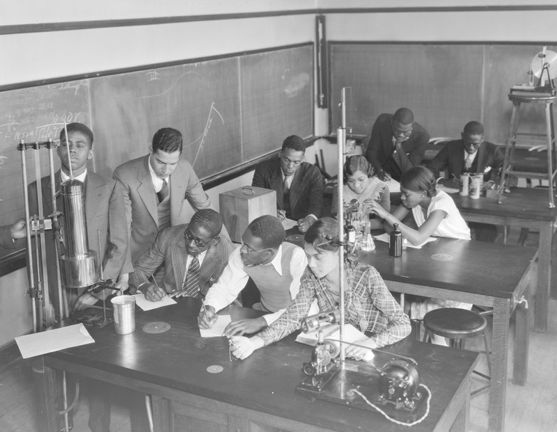 Physics students at Stowe Teachers College in The Ville working on a class project, 1931. 