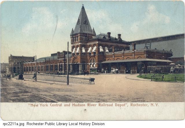 New York Central and Hudson River R.R. Depot. 1901-1913. Rochester Public Library Local History postcard collection, Rochester, N.Y. https://catalogplus.libraryweb.org/?section=resource&resourceid=1115911534&currentIndex=0&view=fullDetailsDetailsTab