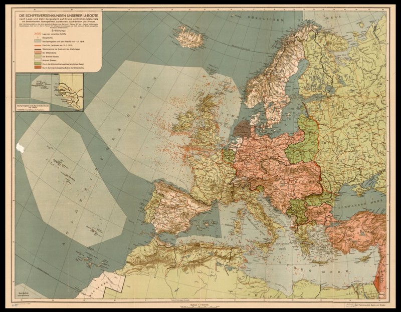 A German blockade map from 1918 detailing the German submarine blockade. The light blue highlights show the areas marked as war zones by the Germans.