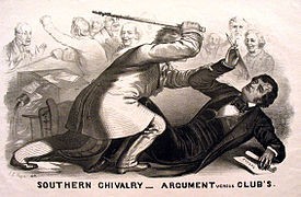 In 1856, South Carolina representative Preston Brooks attacked Charles Sumner with his cane in the Senate Chamber after Sumner gave a passionate speech in which he condemned slavery and those who supported it.