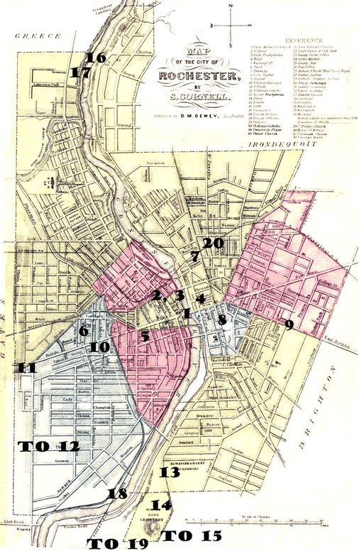 This is a map of the Abolitionist and Civil War sites in Rochester. The Anthony Farmhouse is labeled as 12.