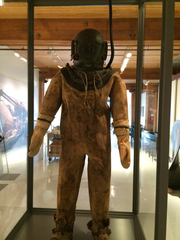 One of the museum's most popular items is this original dive suit used during recovery efforts following the U.S.S. Eastland disaster in 1915. The ship capsized at port, killing over 800 people. Image courtesy of the Chicago Maritime Museum.