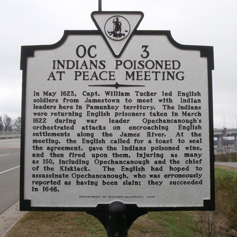 This historical marker was dedicated in 2008 and tells the story of the duplicity of some of the area's colonial settlers. Photo by Bernard Fisher.  