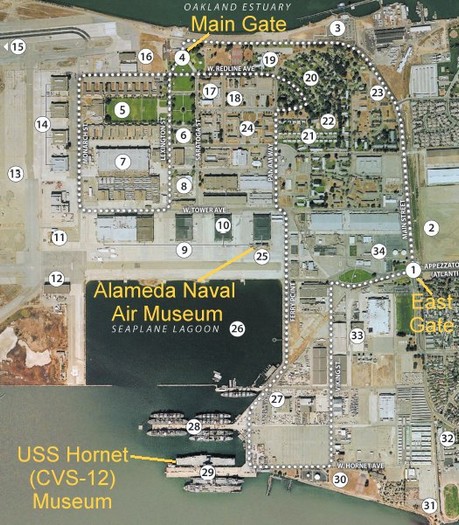 Map of Alameda Point. Note the nearby location of USS Hornet, a World War II-era aircraft carrier now berthed at one of the NAS's former docks--where she would have been docked during her years of service.