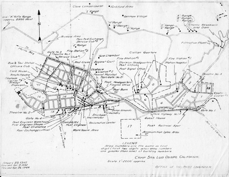 A detailed sketch of a map of Camp San Luis Obispo.