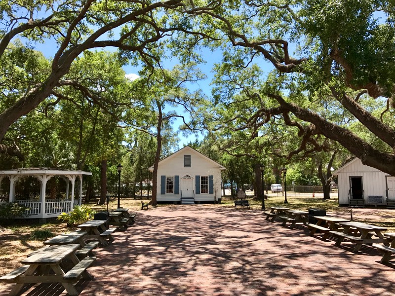 Courtyard looking toward courthouse, with gazebo and schoolhouse