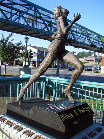 The statue of Wilma Rudolph is located at the southern end of the Cuberland River Walk