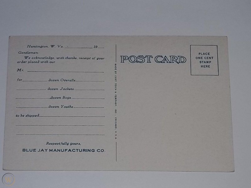 Back side of a Blue Jay Mfg. postcard, featuring an order form for their products