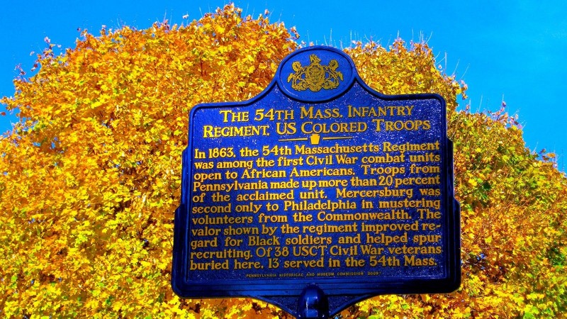 This state historical marker, erected in November of 2009, honors the soldiers of the 54th Massachusetts who are buried their and also salutes Mercersburg in their support and supply of volunteers. 