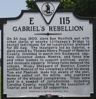Historical Marker of Gabriel's Rebellion on Virginia State Route 301