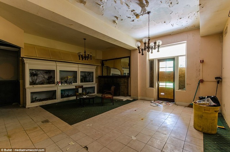 What was once the lobby of the hotel, which you first encounter upon walking into the door to the left of the courtyard.