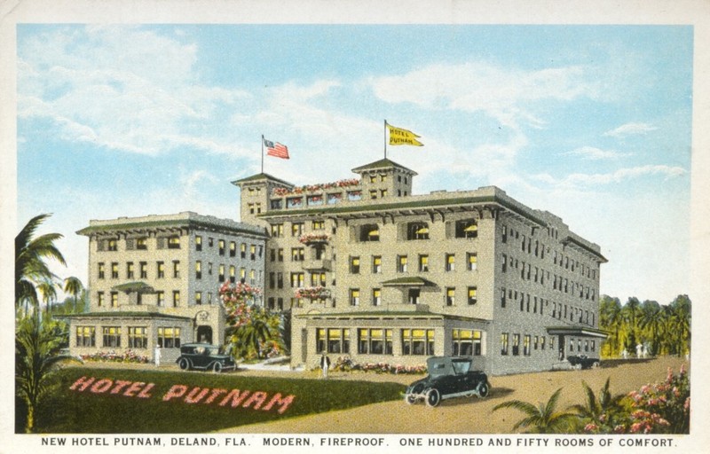 An artist's depiction of the hotel on a postcard from around 1923--the text at the bottom reads "New Hotel Putnam, Deland, Fla. Modern, Fireproof. One Hundred and Fifty Rooms of Comfort."