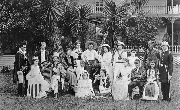 Stetson students gathered for a photo in front of the hotel, dressed for a play they performed there. This photo is from 1905, and so was taken in front of the first iteration of the hotel, prior to its burning down.