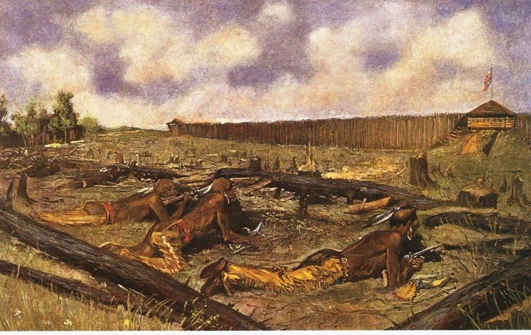Native American soldiers taking position outside of Fort Detroit during siege.  
