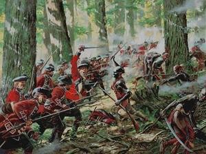 Pontiac's army and British army clashing at the Battle of Bloody Run.