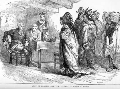 Leader of the rebellion, Pontiac, and other natives meeting with British military officers