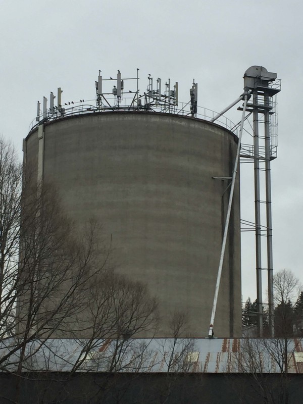 View looking up at the grain silo, taken February 2018.