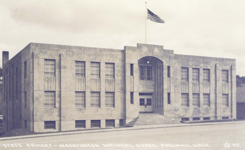 Postcard image of the State Armory - Washington National Guard Building. Courtesy WSU Special Collections.
http://content.libraries.wsu.edu/cdm/singleitem/collection/pullman/id/672/rec/1
