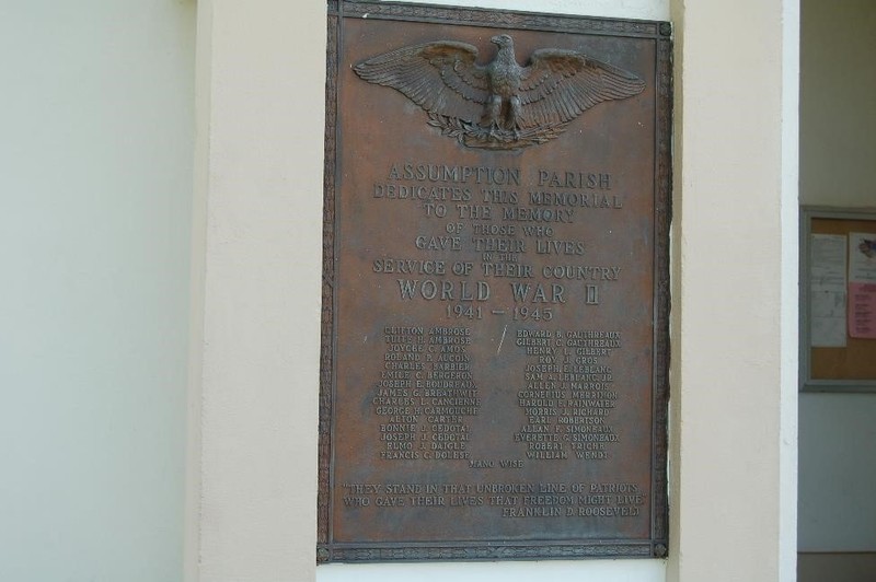 Dedicated to the fallen heroes of Assumption Parish, this plaque honors those who lost their lives in the Second World War.