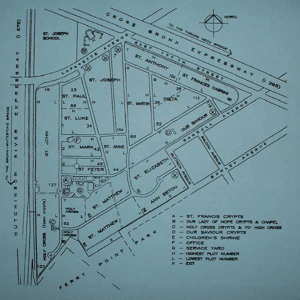 Detailed map of New Saint Raymond's Cemetery in Bronx NY. Holiday's burial site is in the St. Paul section, Row 56, Grave #29. 