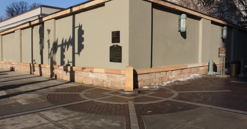 Base and Meridian on the corner of South and West Temple at Temple Square.