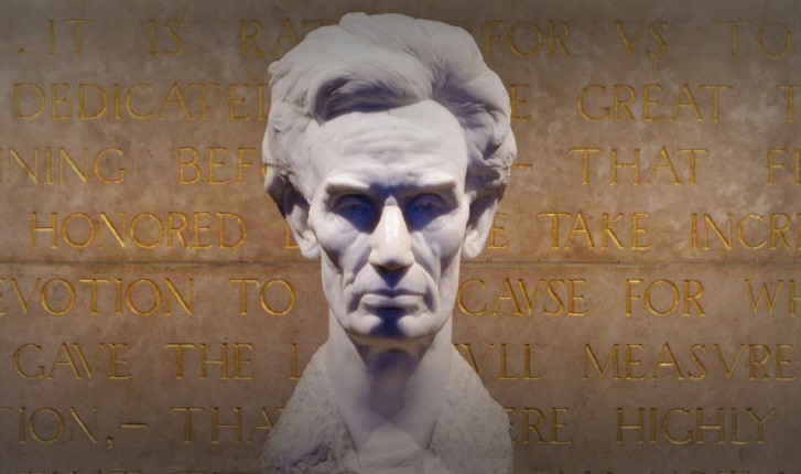 The centerpiece of the shrine is this bust of Lincoln made by sculptor George Grey Bernard. It was one of only two copies made; the second has since been lost. Image obtained from the Lincoln Memorial Shrine.