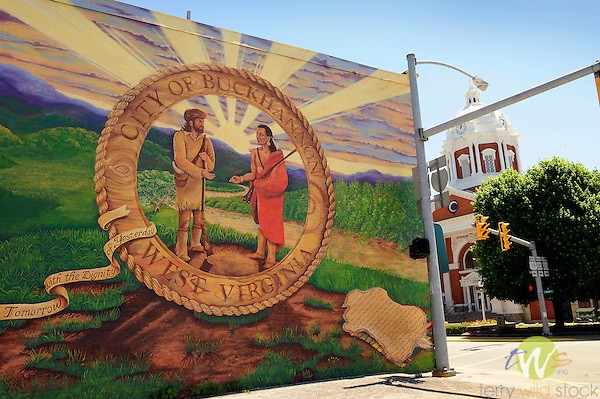 Large mural located in downtown Buckhannon. Depicted is the seal of Buckhannon. The two figures are Samuel Pringle and Chief Buckongehanon in a fictitious meeting.