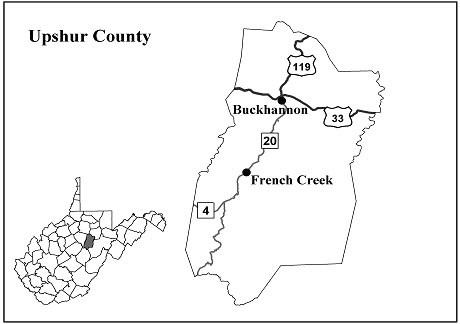 A map of West Virginia with Upshur county highlighted to show geographical relation within state.