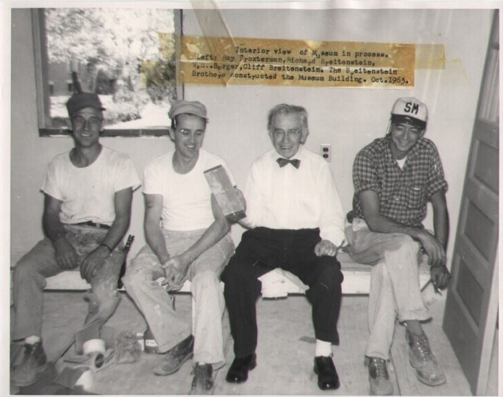 Interior view of museum in process. Left: Ray, Richard Breitenstein, W.S. Berger, Cliff Breitenstein. The Breitenstein brothers constructed the museum building, Oct 1965. Credit: Vent Haven Museum